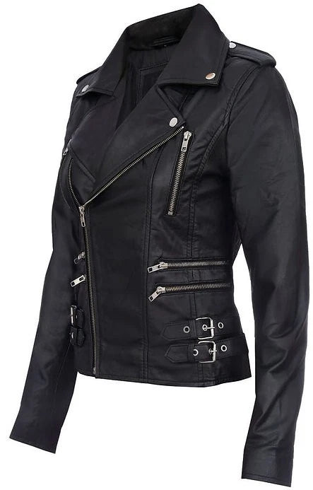 Ladies Black Retro 100% Nappa Real Leather Biker Jacket Soft Multi Zip Coat