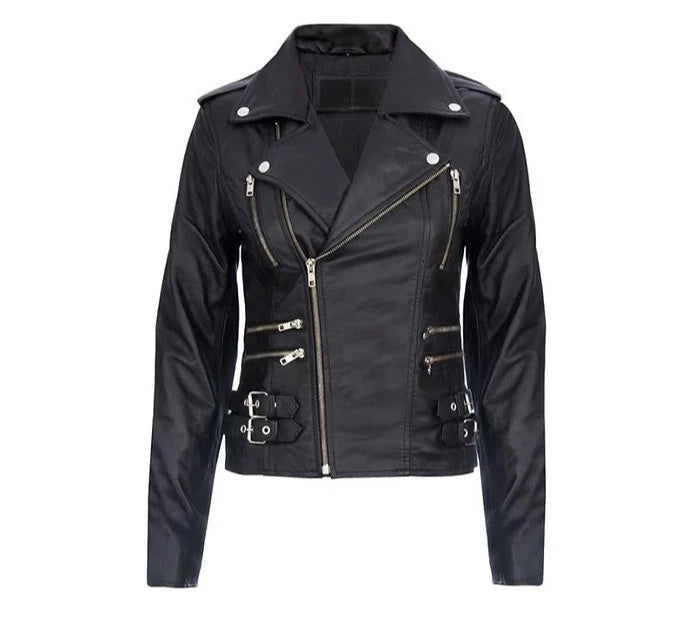 Ladies Black Retro 100% Nappa Real Leather Biker Jacket Soft Multi Zip Coat