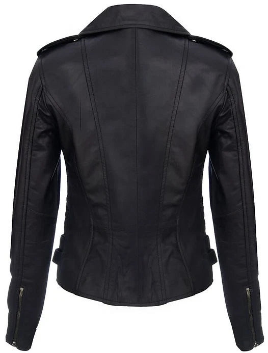 Ladies Black Retro 100% Nappa Real Leather Biker Jacket Soft Multi Zip Coat