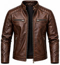 Men's Brown Leather Biker Jacket Quilted Shoulder Motorcycle Racer Style