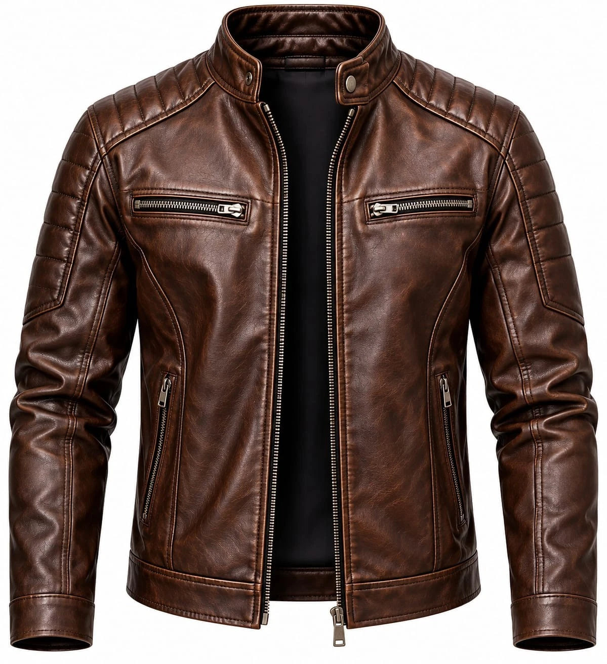 Men's Brown Leather Biker Jacket Quilted Shoulder Motorcycle Racer Style