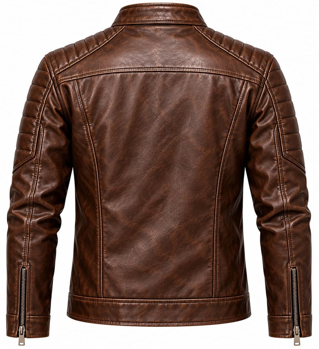 Men's Brown Leather Biker Jacket Quilted Shoulder Motorcycle Racer Style
