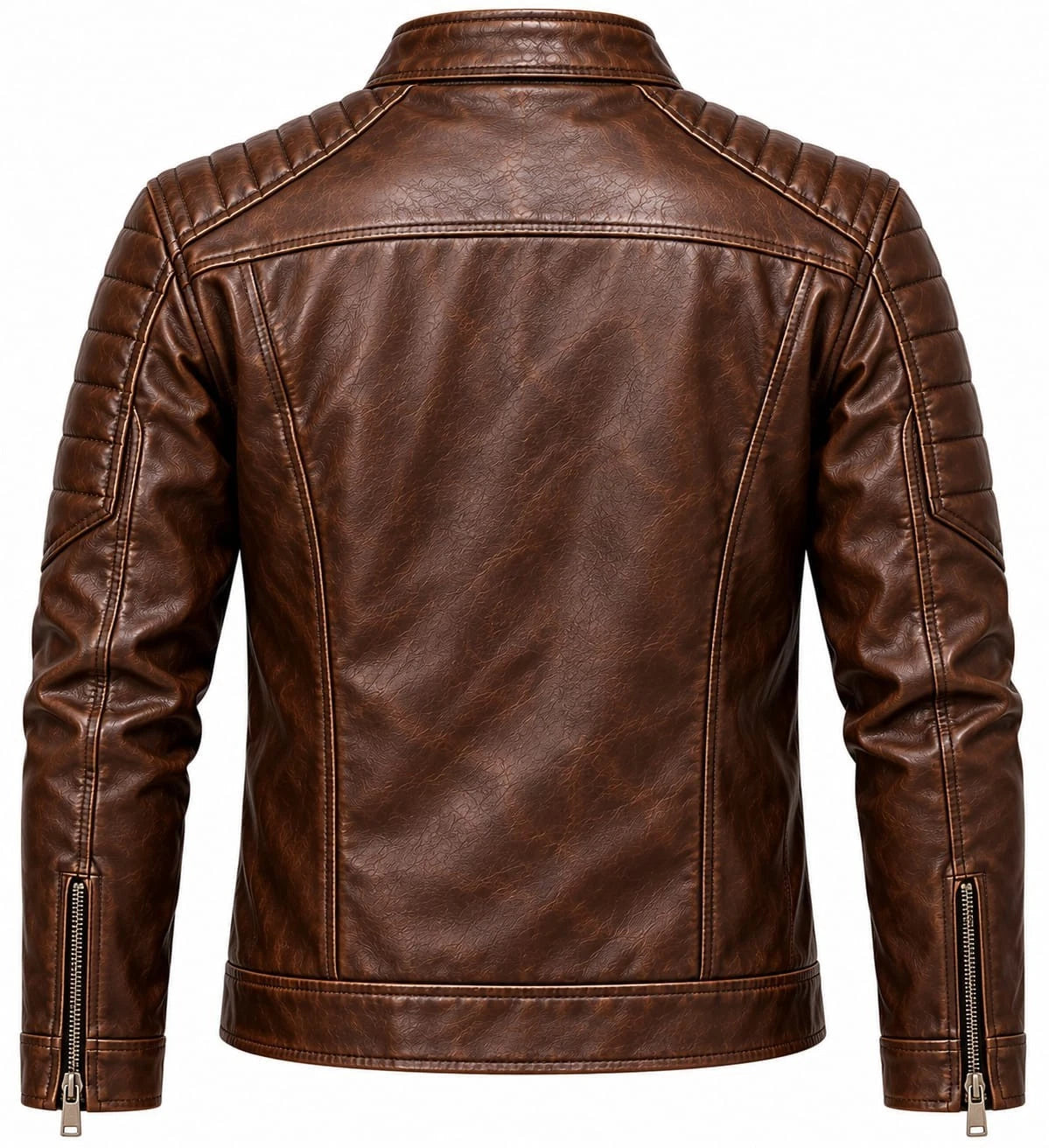 Men's Brown Leather Biker Jacket Quilted Shoulder Motorcycle Racer Style
