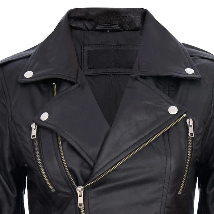 Ladies Black Retro 100% Nappa Real Leather Biker Jacket Soft Multi Zip Coat